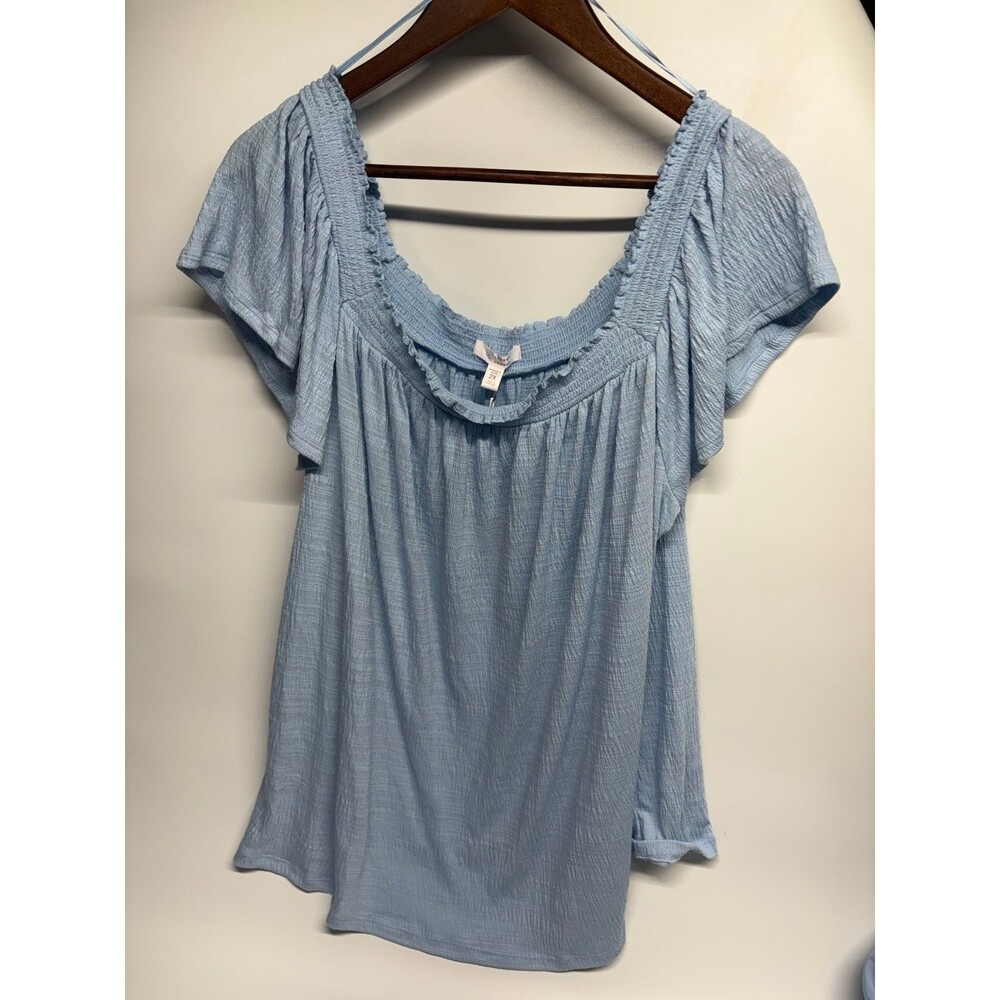 NWT Lauren Conrad Blue Flowy Ruffle Blouse Top 2X Stretch Sleeve